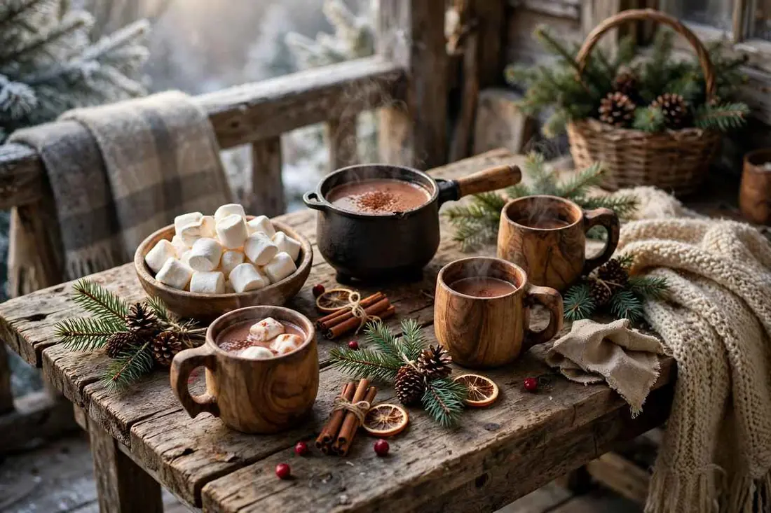 Rustic Cocoa Station with Wooden Mugs
