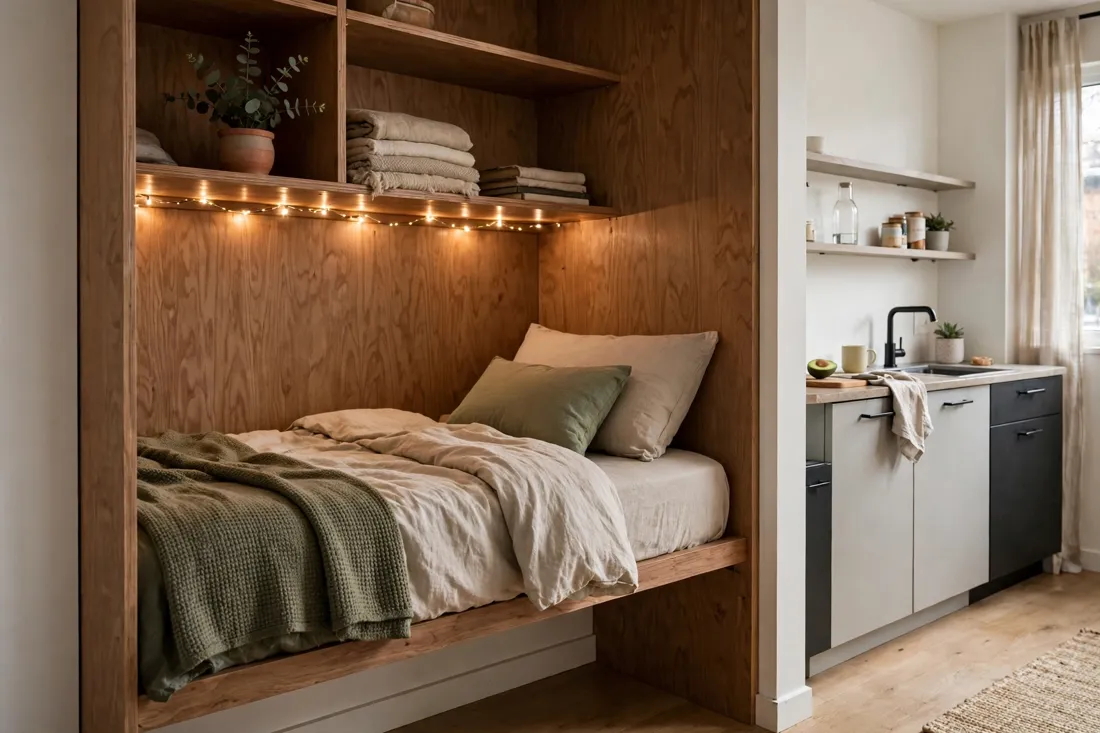 Studio apartment bed in a closet nook