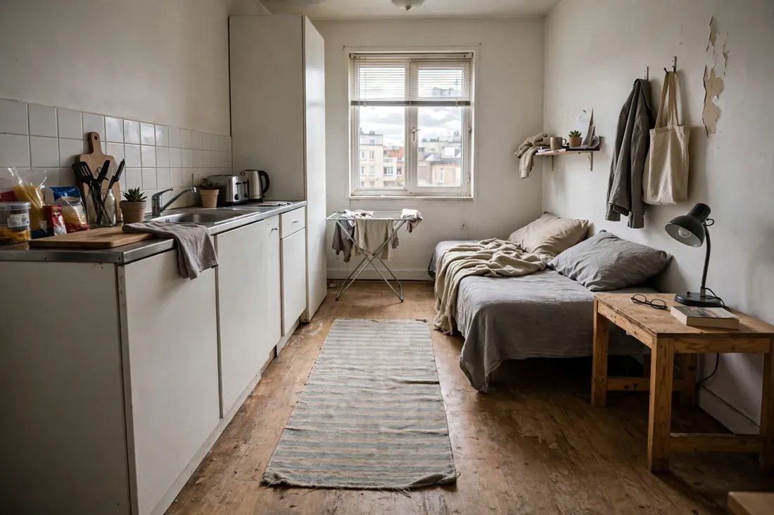 Studio apartment cheap looking rug mistake