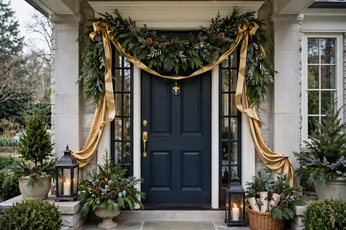 Refined evergreen swag with gold ribbon