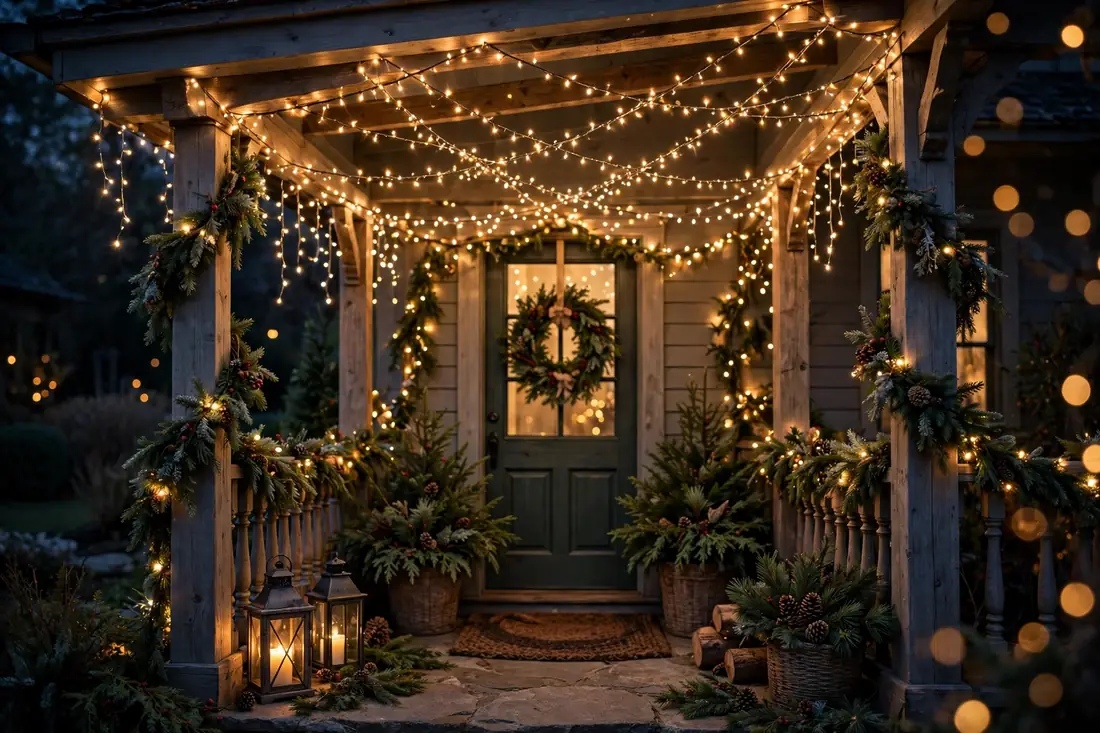 Fairy light canopy over a Christmas porch