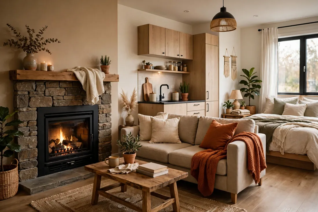 Studio apartment fireplace accent