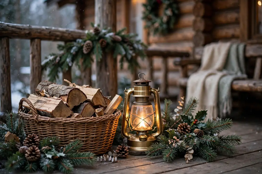Cozy firewood basket and lantern on a porch