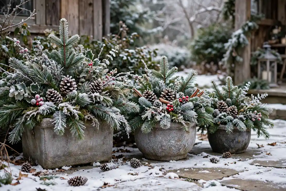 Frosted outdoor planters