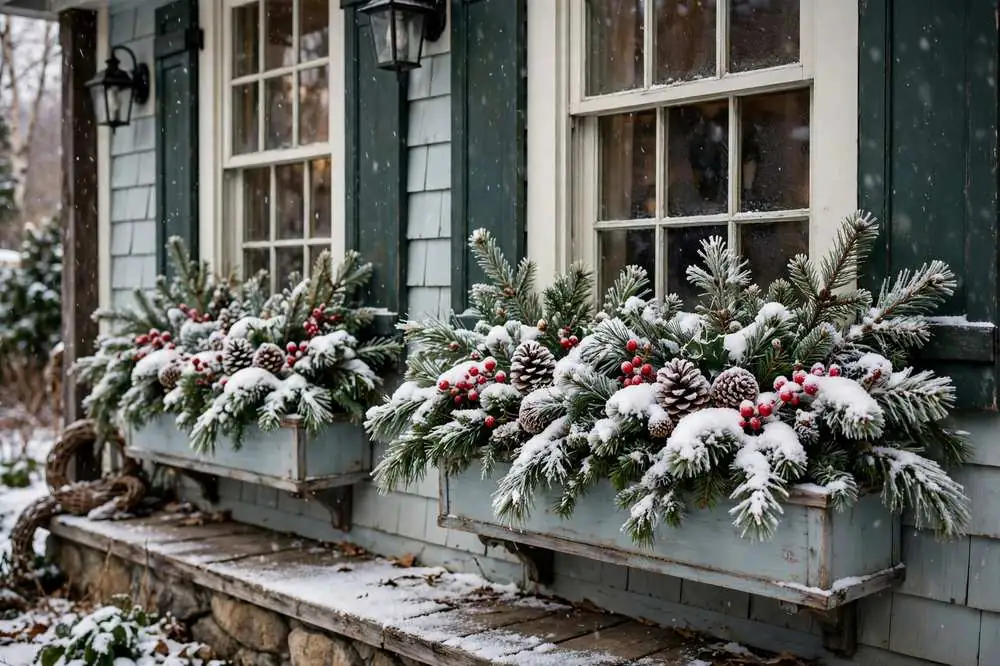 Frosted Window Boxes with Evergreen