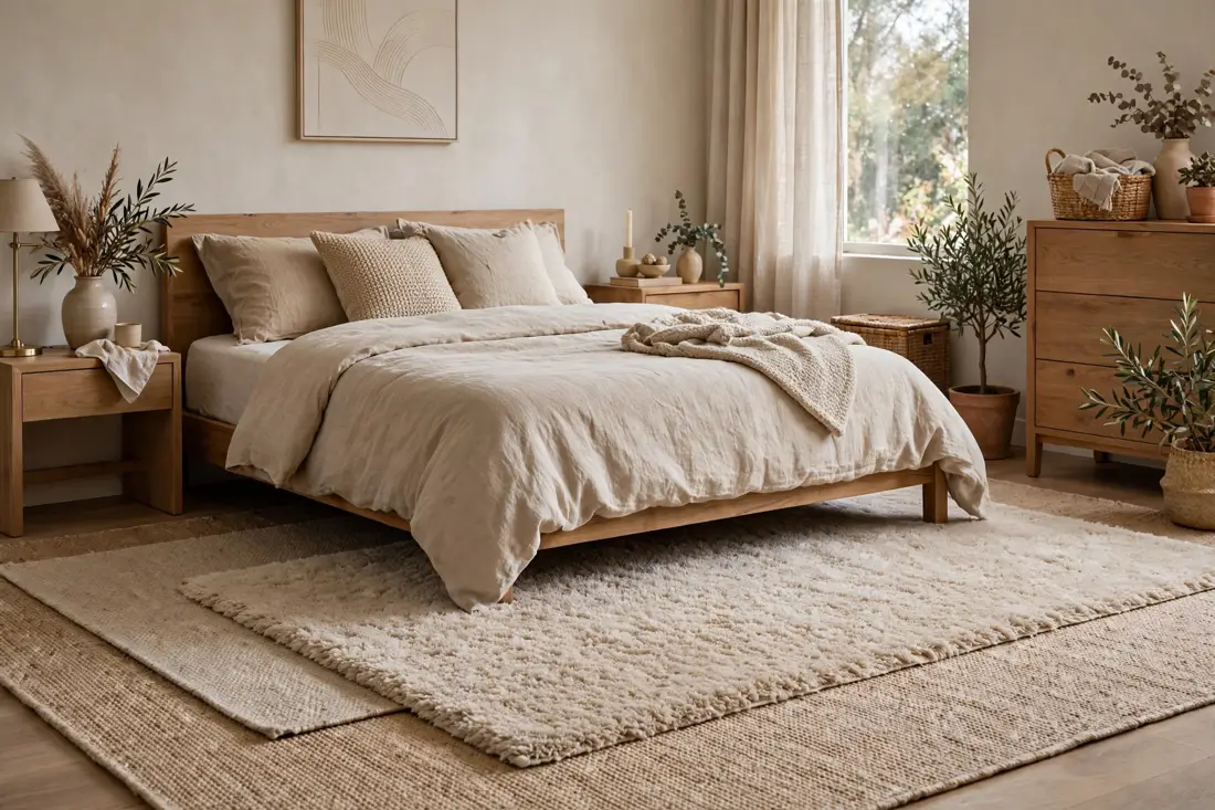 Layered beige bedroom rugs