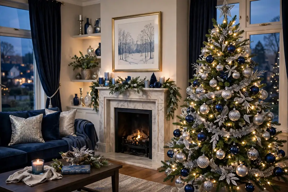 Tree with silver and navy ornaments