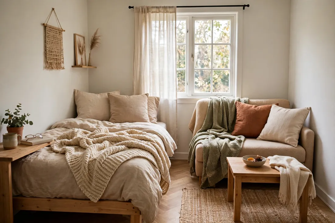 Bed and couch with throw blankets