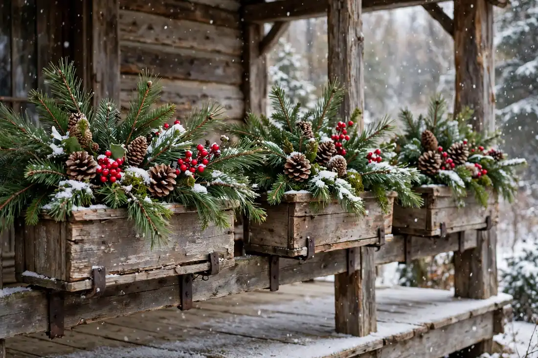 Weathered Wood Window Boxes with Pine