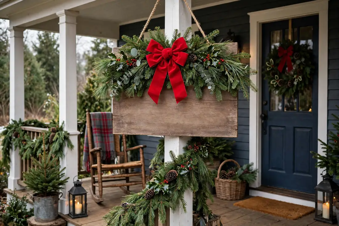 Classic wooden welcome sign on a Christmas porch
