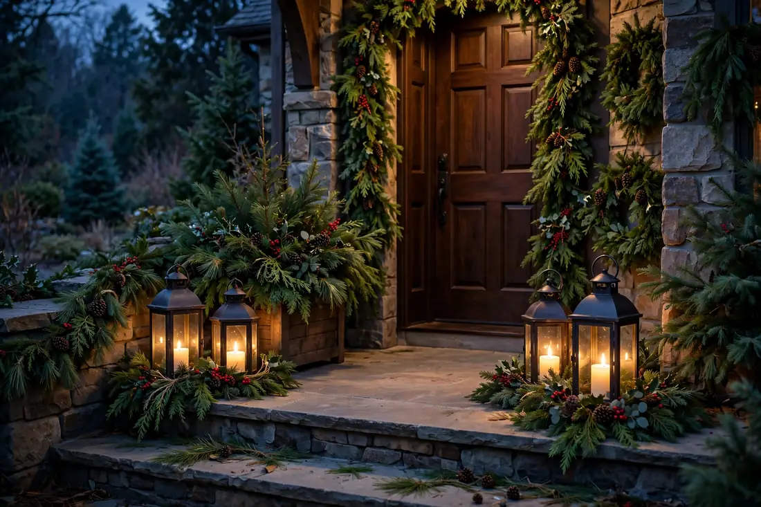 Entryway candle lanterns in evening