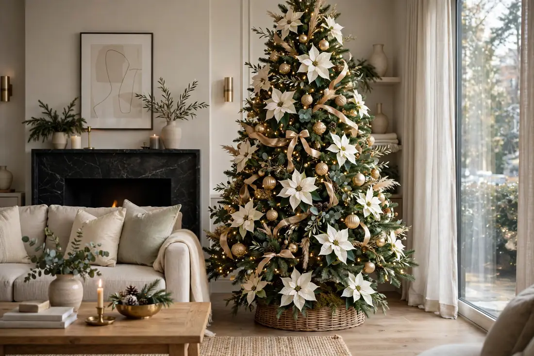 Elegant tree with white poinsettias