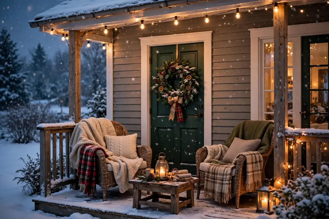 Soft snow and warm lights on an evening porch