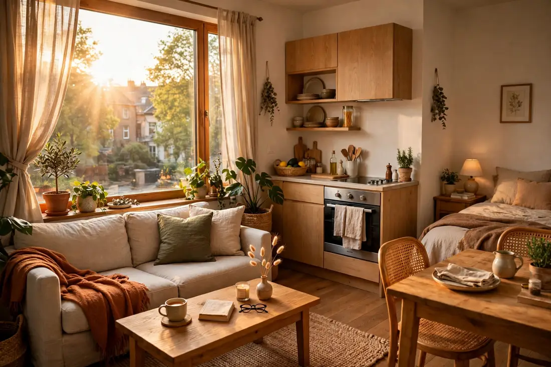 Studio apartment warm window light