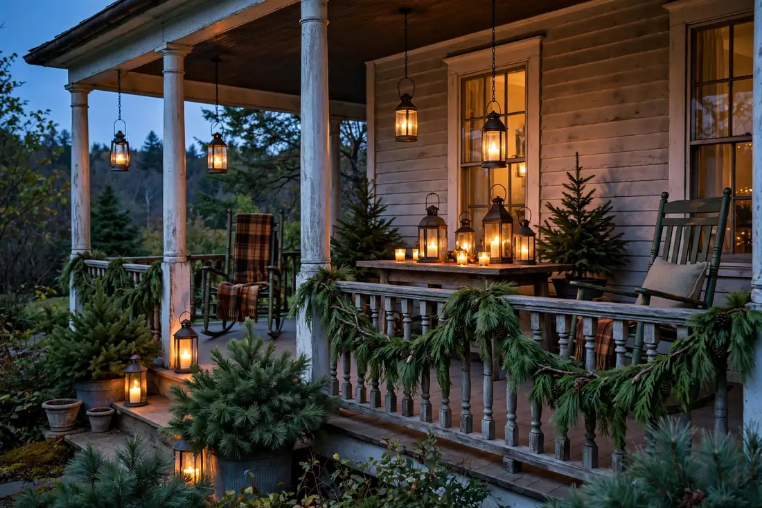Candle lanterns in the evening on a traditional porch