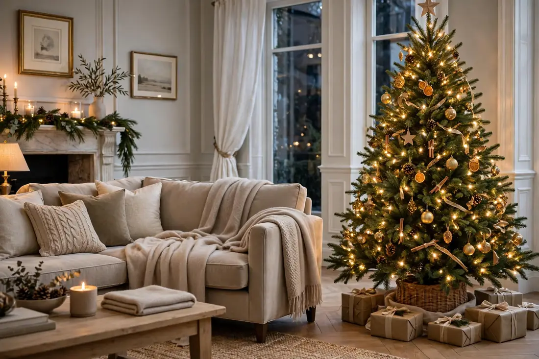 Classic tree with cashmere throws nearby