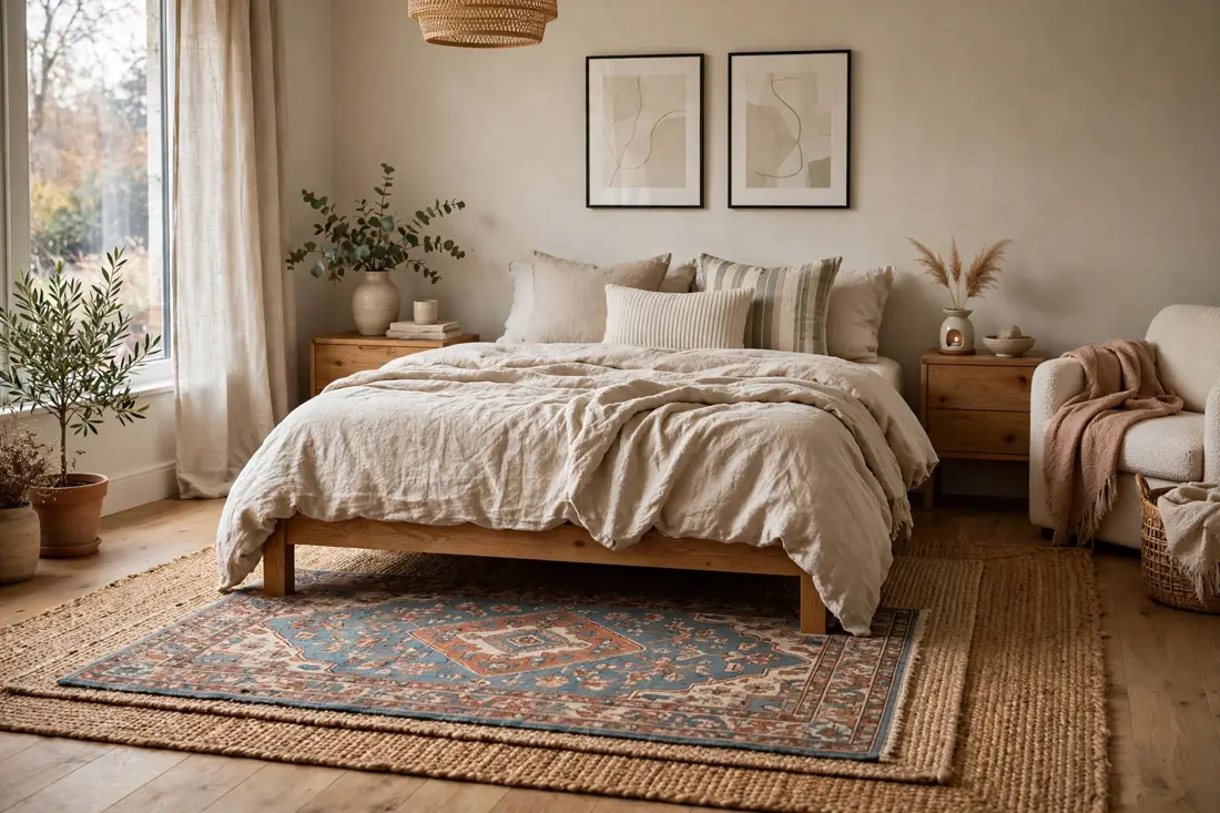 Layered bedroom rugs
