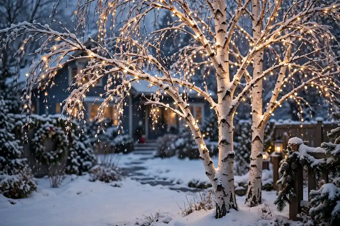 Lighted birch branches outdoors