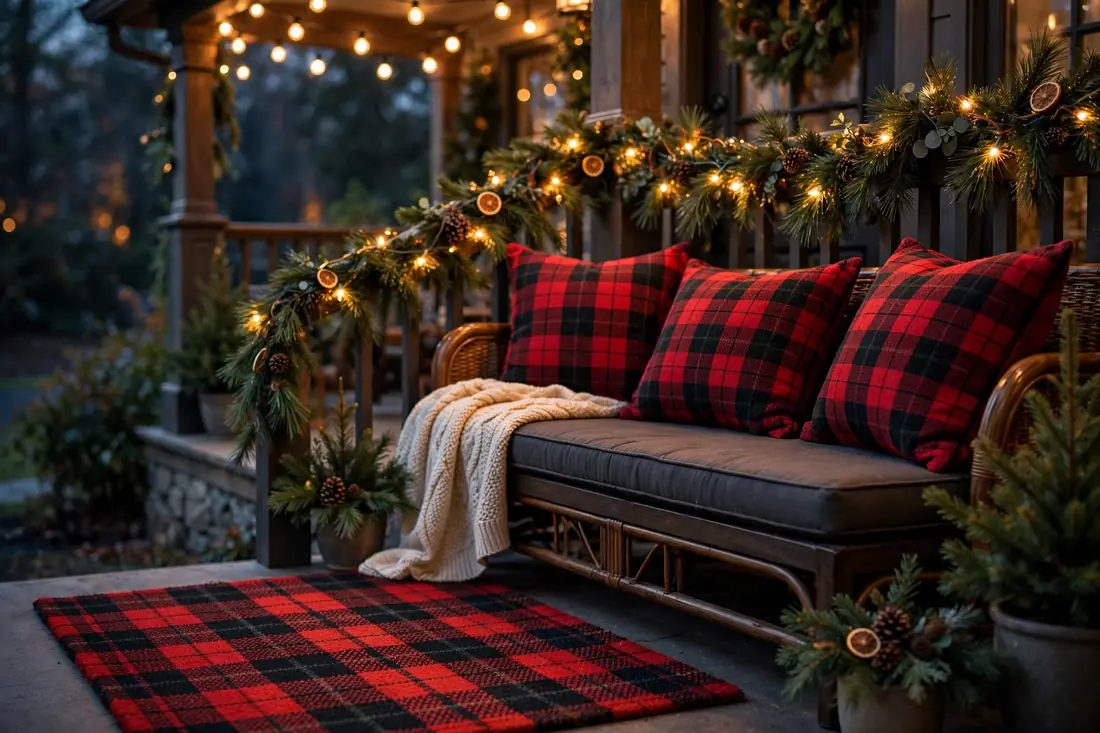 Cozy plaid doormat and pillows on a porch