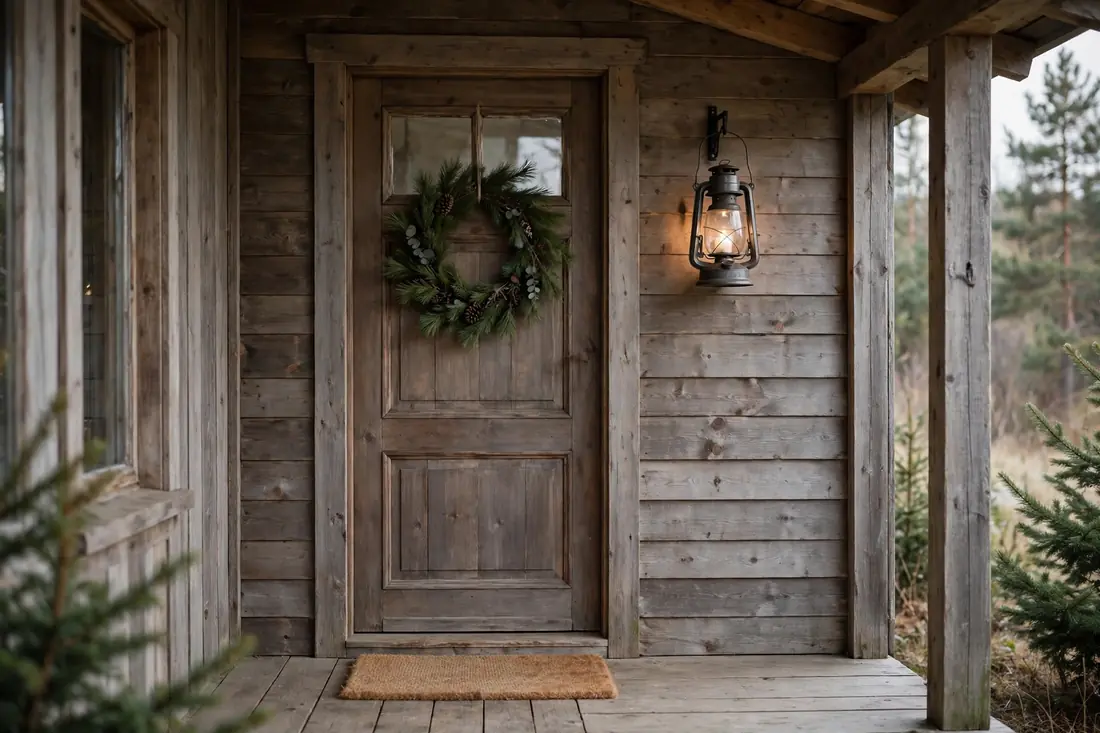 Simple Rustic Porch with One Wreath and Lantern