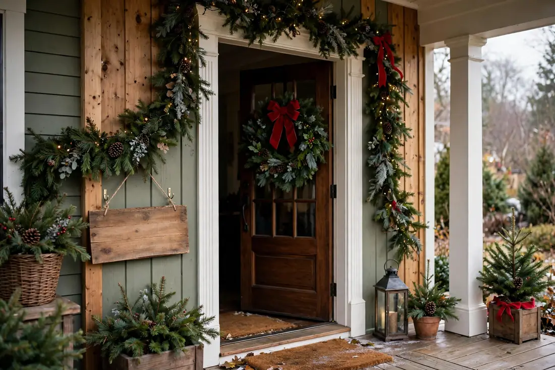 Wooden welcome sign on a Christmas porch