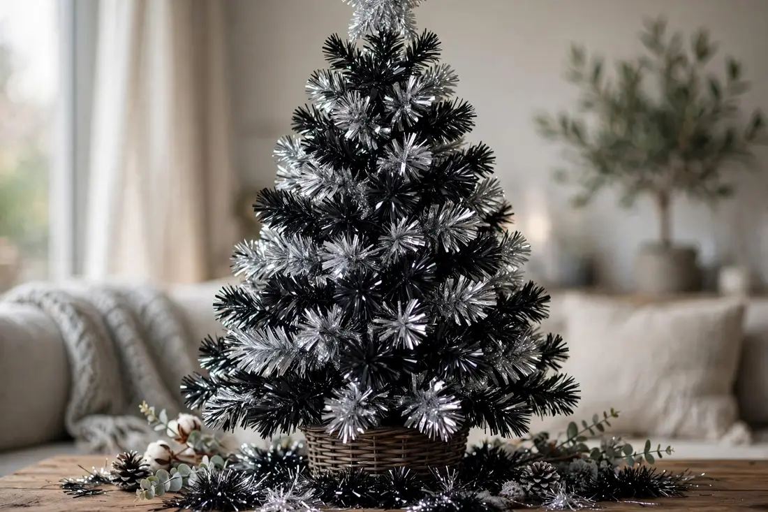 Black and silver tinsel tree