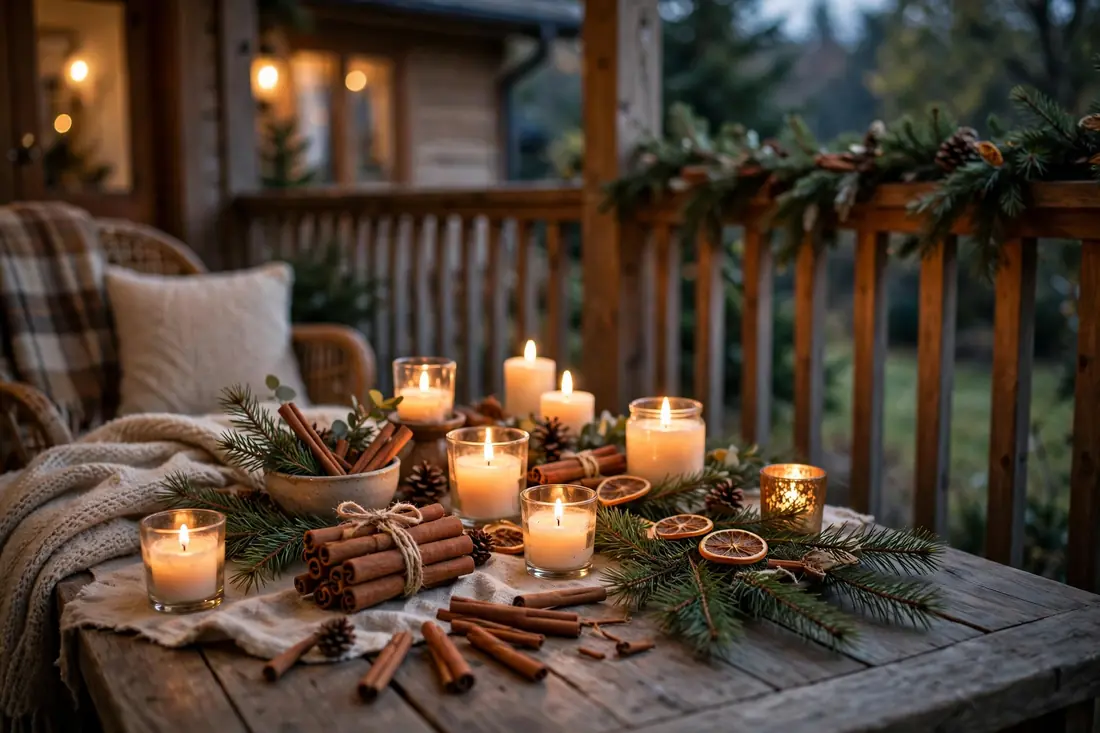 Warm cinnamon and pine Christmas porch