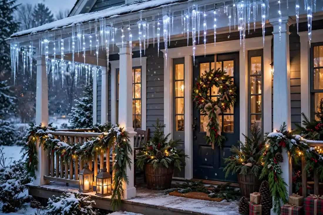 Magical evening front porch with icicle lights