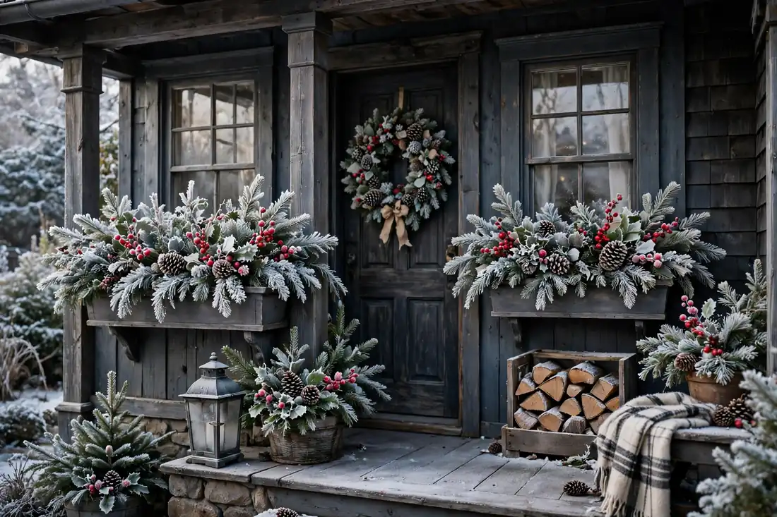 Frosted window boxes on a Christmas porch