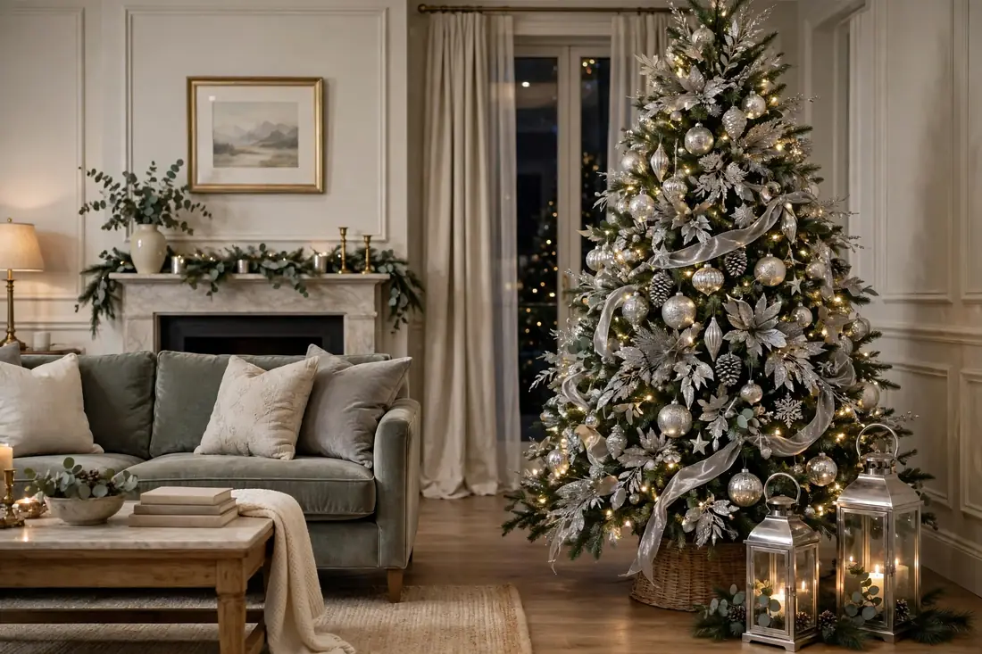 Elegant tree with silver lanterns nearby