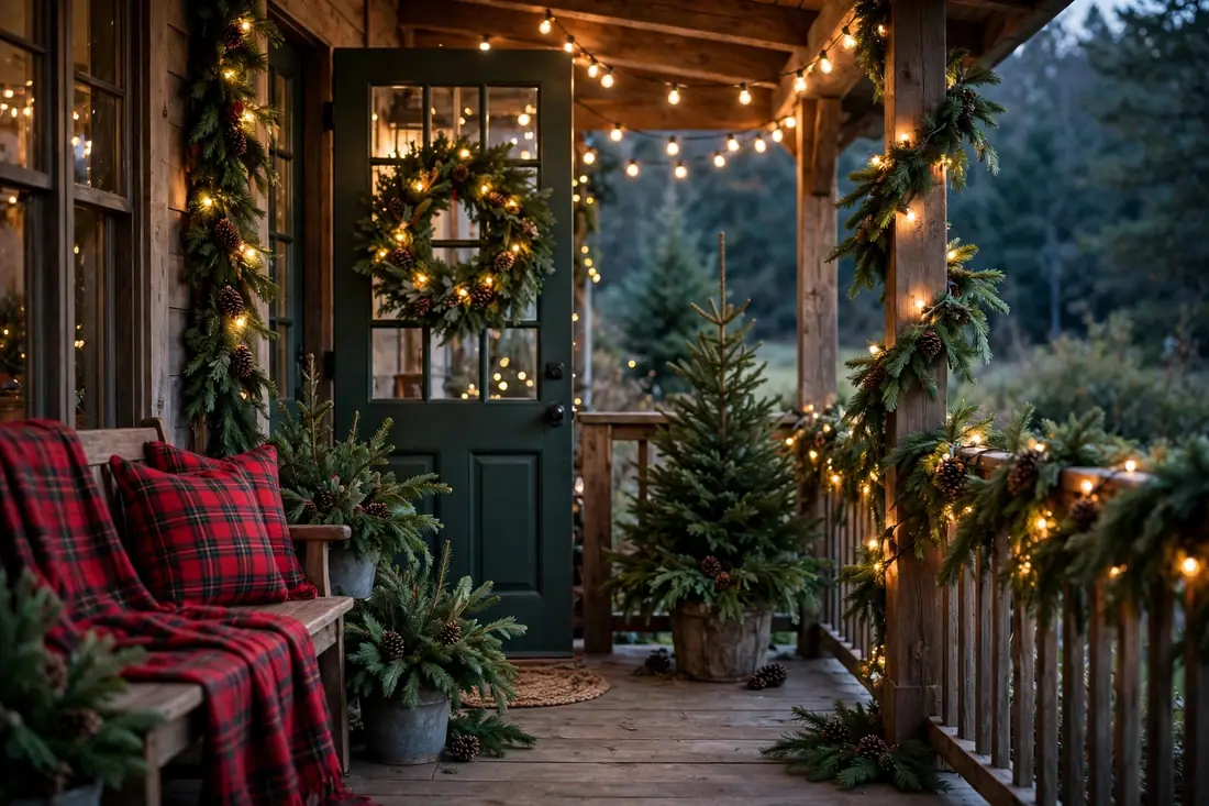 Plaid and evergreen outdoor porch