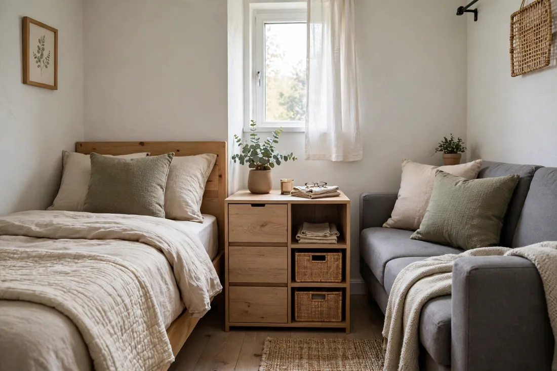 Bed and couch with storage between
