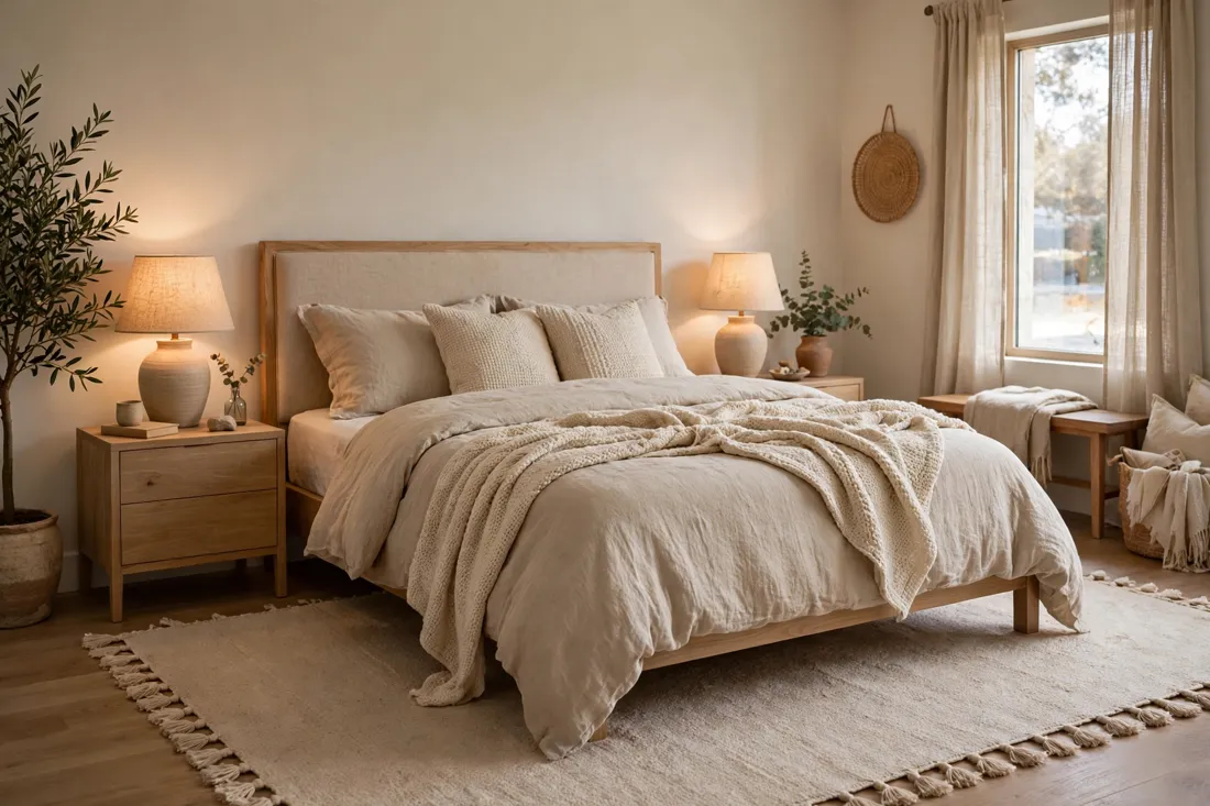 Beige bedroom rug with tassels