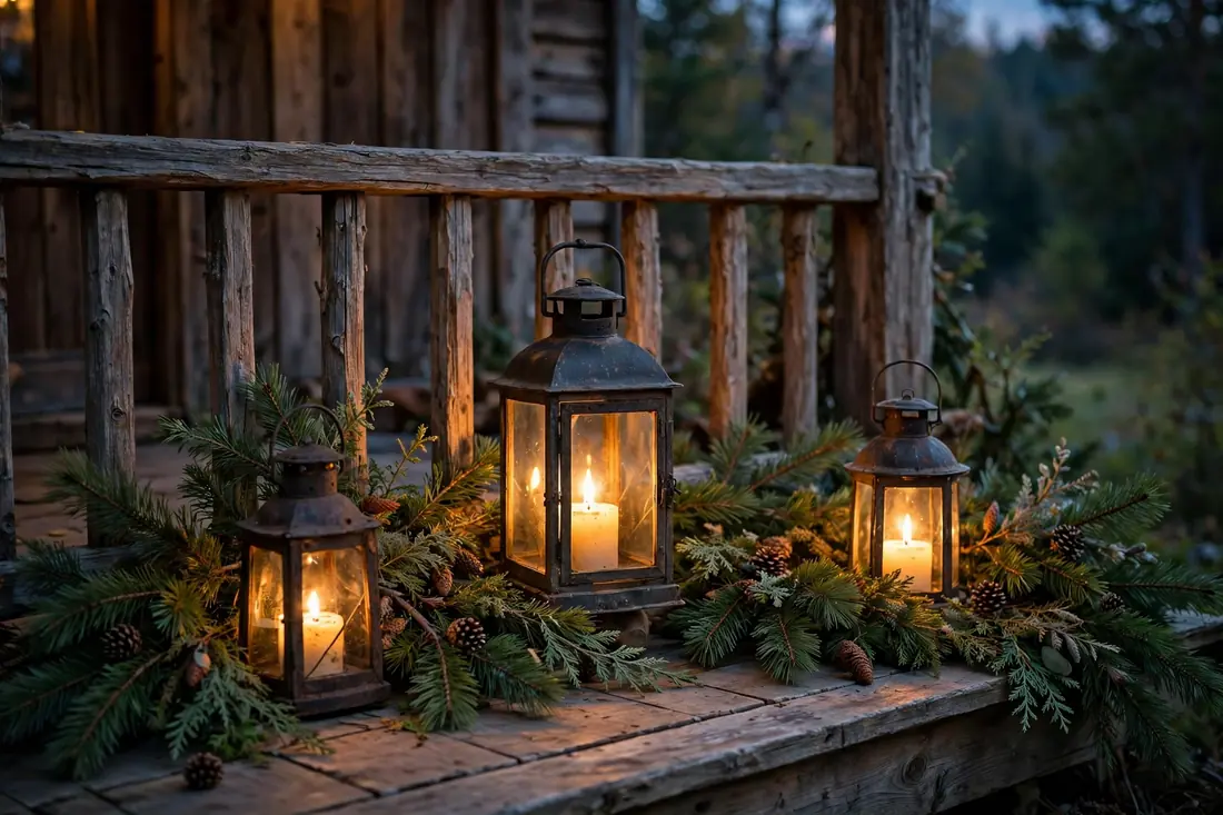 Rustic Candle Lanterns and Pine Boughs in the Evening