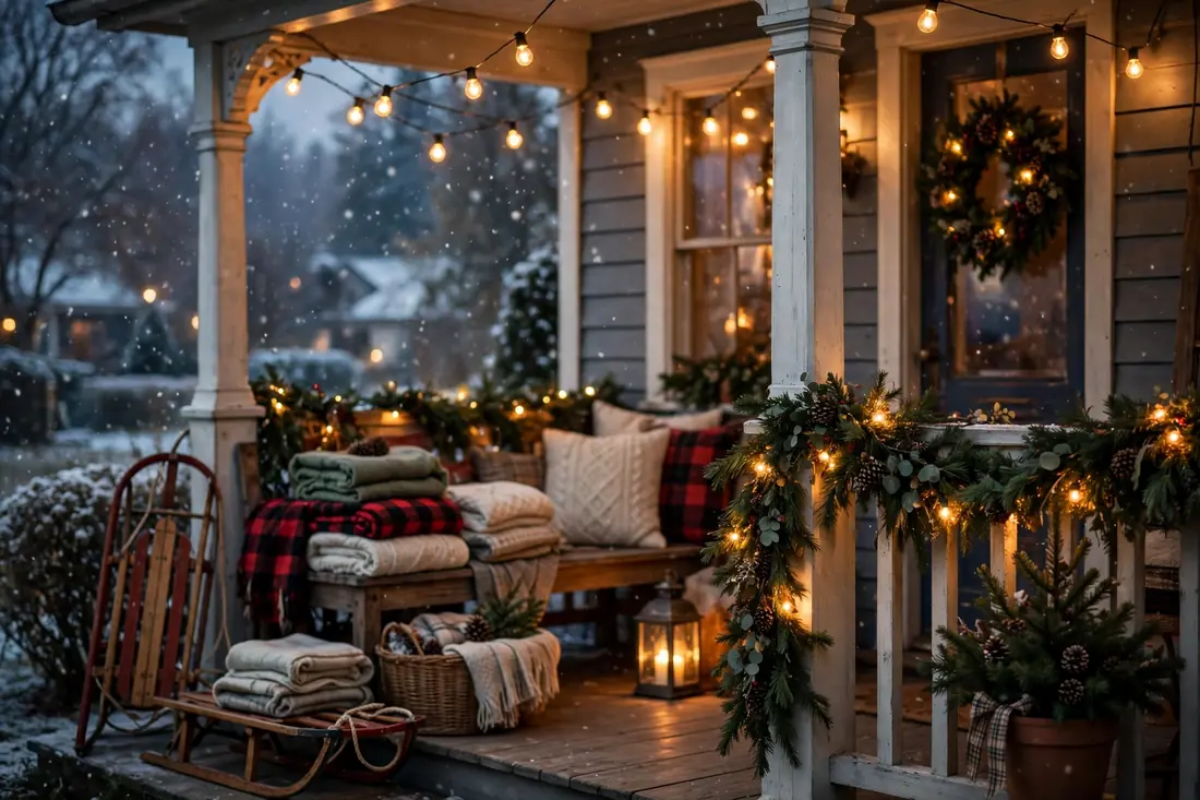 Cozy family porch with sled and blankets