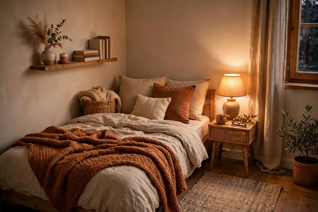 Studio apartment warm bedroom corner