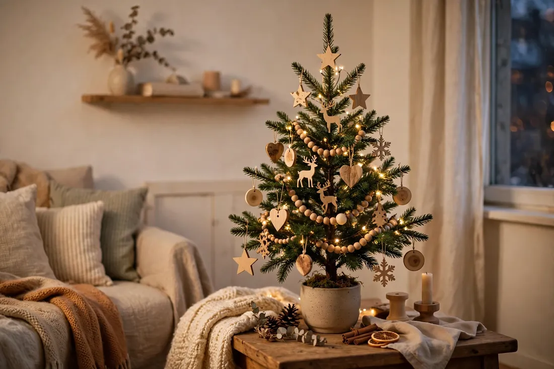 Small tree with wooden ornaments