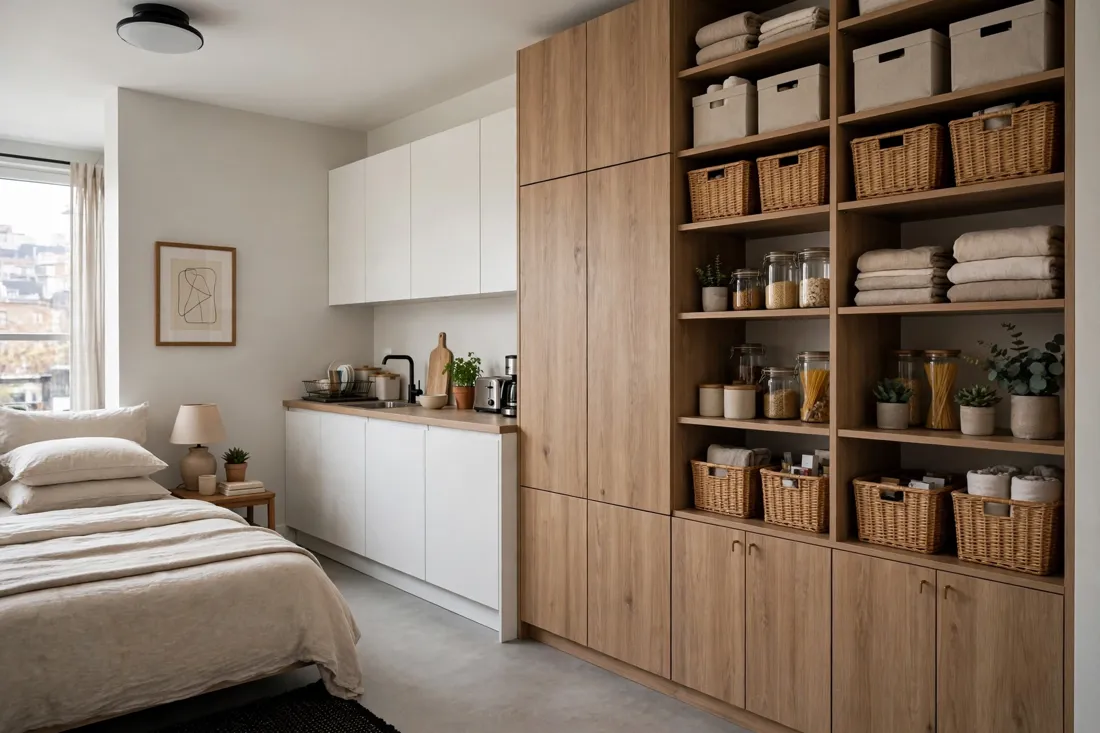 Studio apartment evening kitchen glow