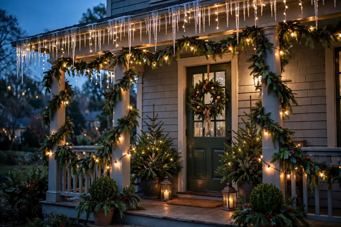 Evening Christmas porch with icicle lights