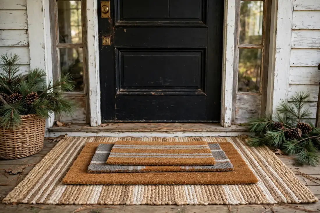Layered Rustic Doormats and Woven Rug