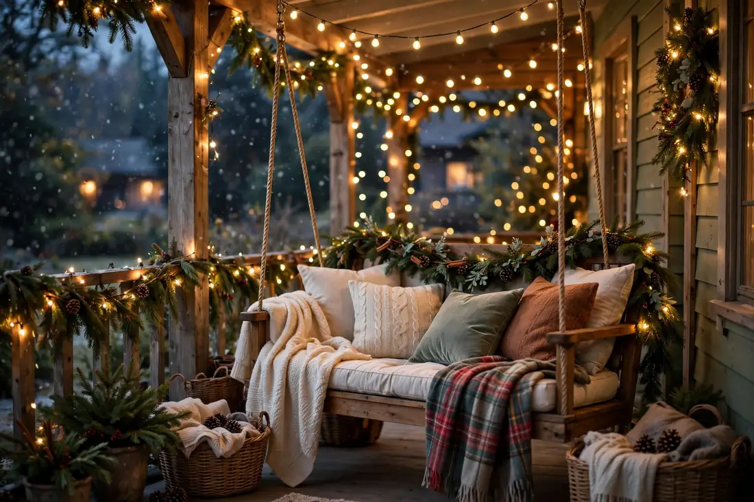 Cozy porch swing with fairy lights