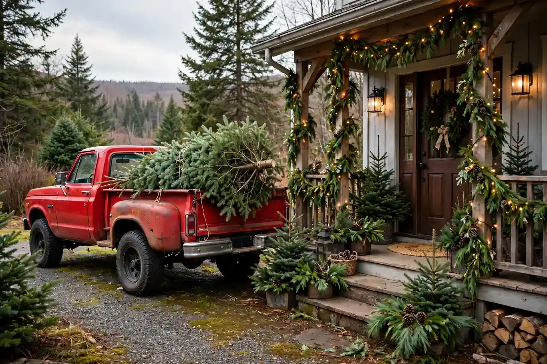 Red truck with tree by a front porch