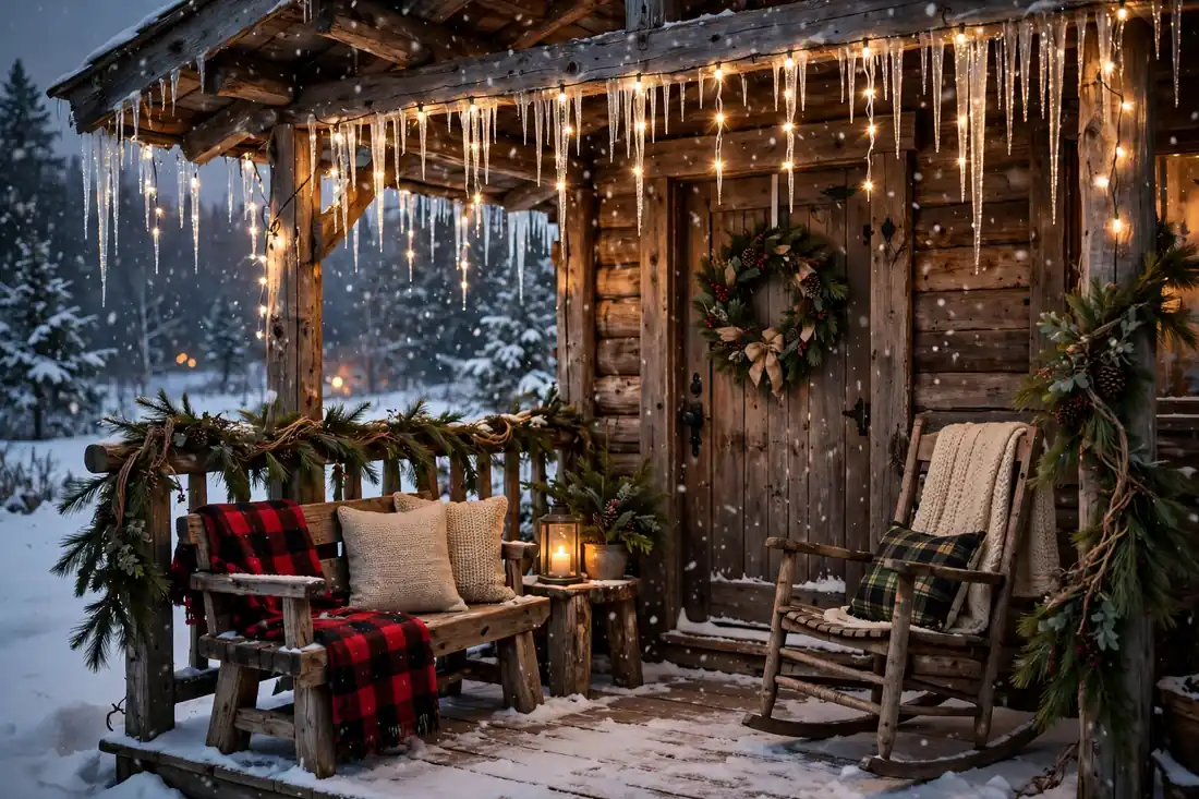 Rustic Snowy Porch with Icicle Lights and Wood