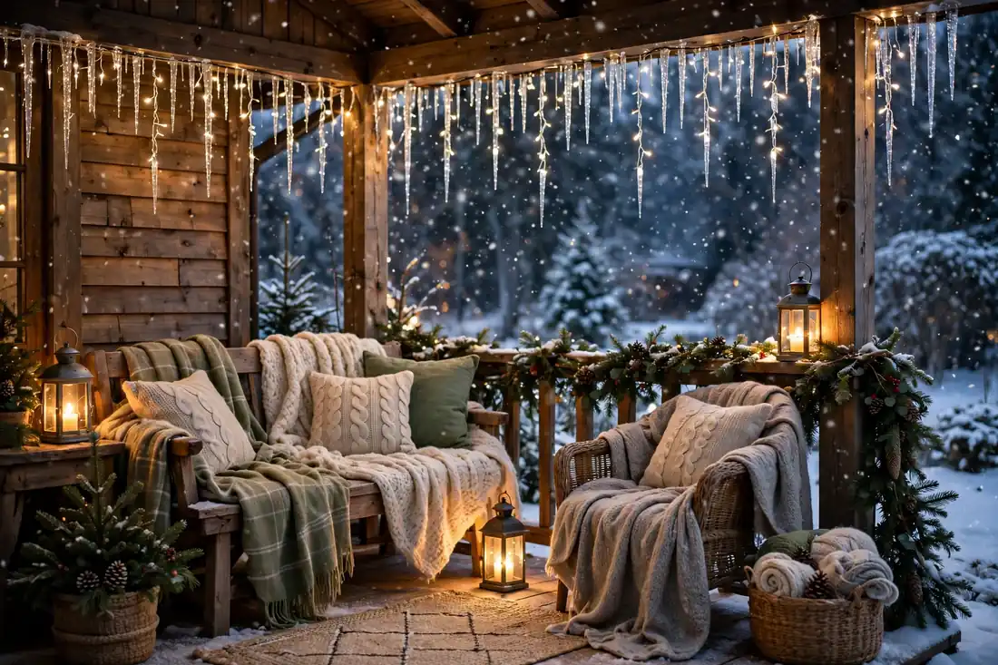 Cozy winter porch with icicle lights and warm glow