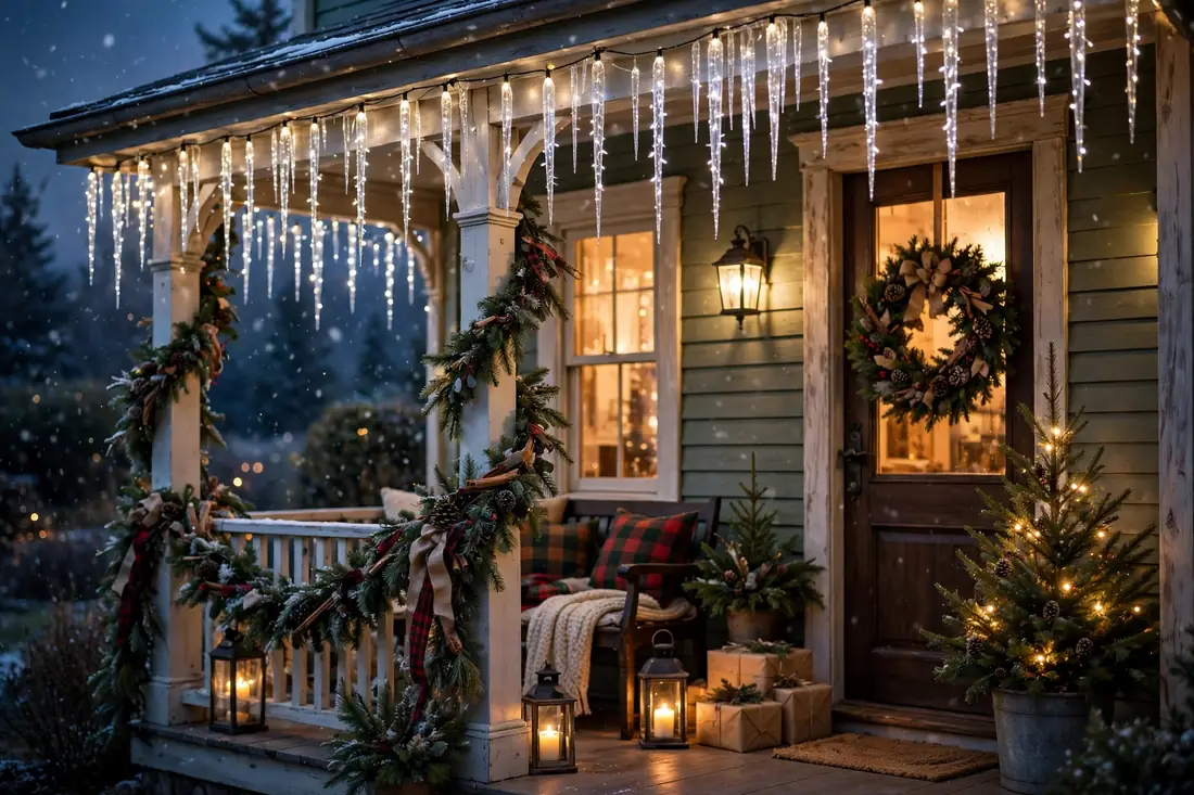 Magical evening front porch with icicle lights