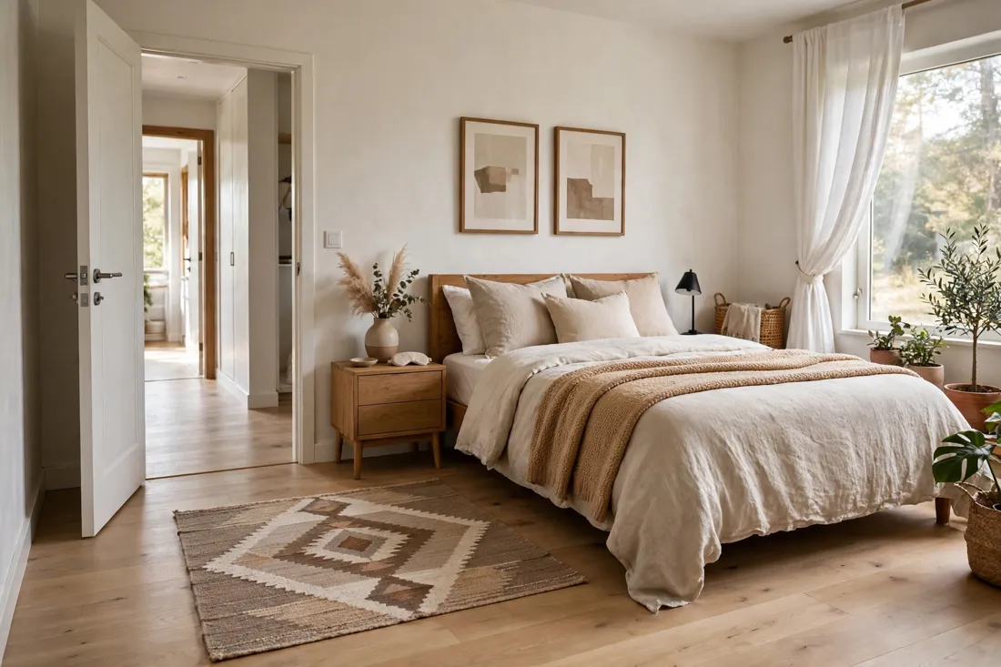Rug placement for open bedroom