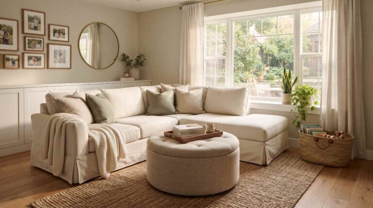 A comprehensive view of a small family living room featuring a cream slipcovered sectional sofa and a round storage ottoman coffee table