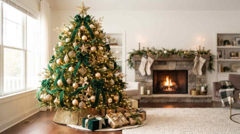 Designer Christmas Tree with Velvet Ribbons and Gold Ornaments