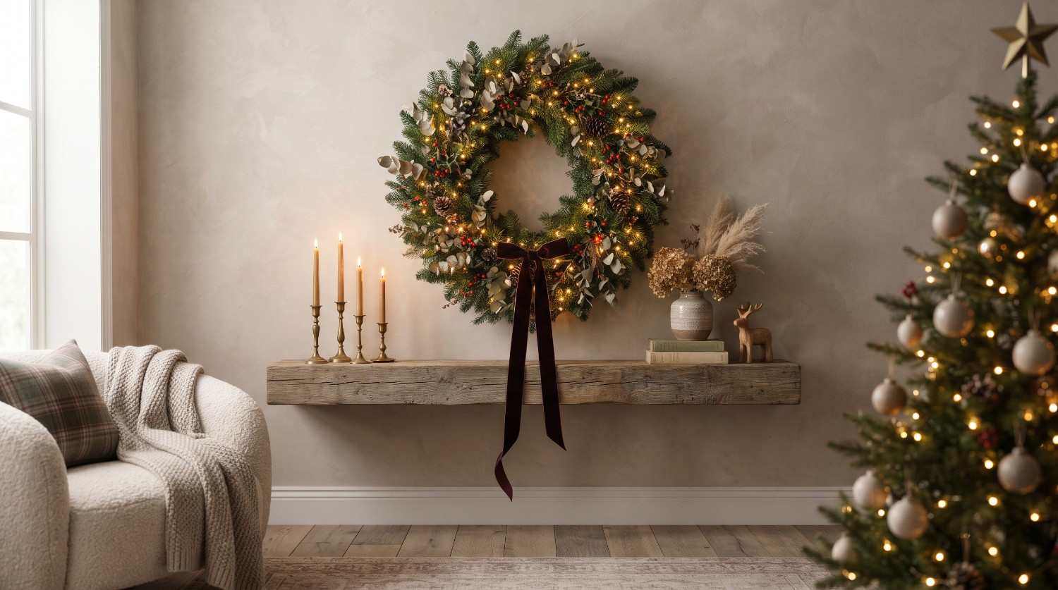 Lush Pine Wreath with Warm Fairy Lights