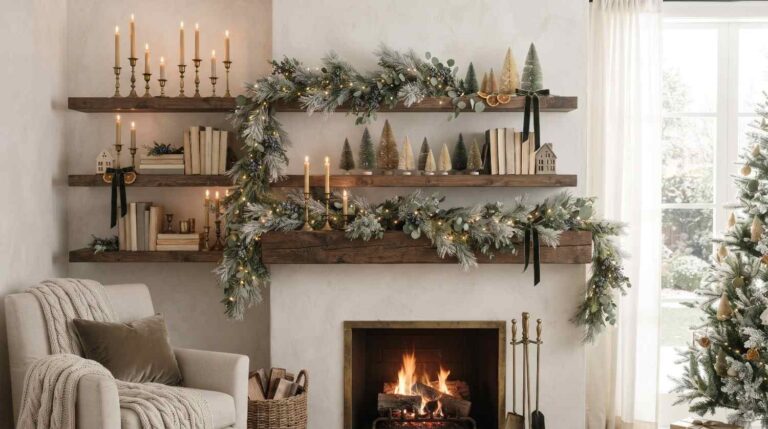 Ultra-realistic cozy living room shelves styled for Christmas with frosted pine garlands warm fairy lights vintage brass candlesticks neutral books and miniature bottle brush trees.